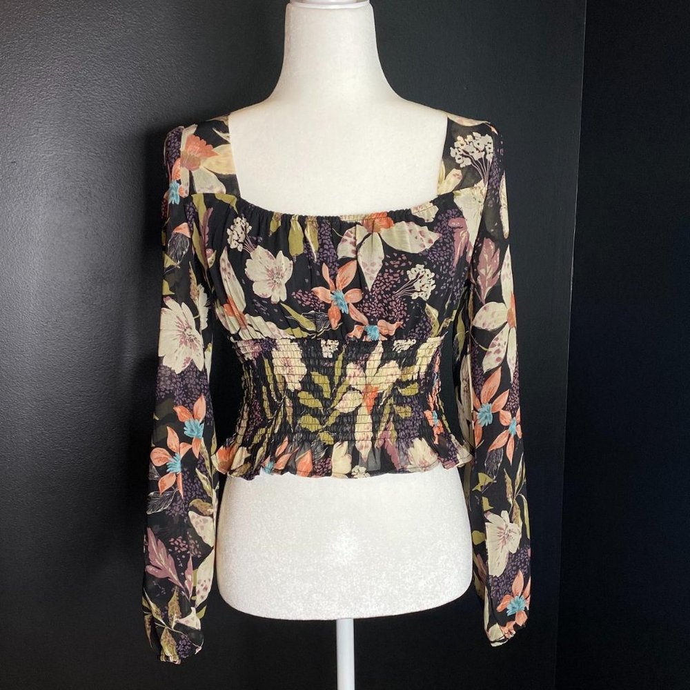 Dark Floral Smocked Waist Fairy Cropped Blouse